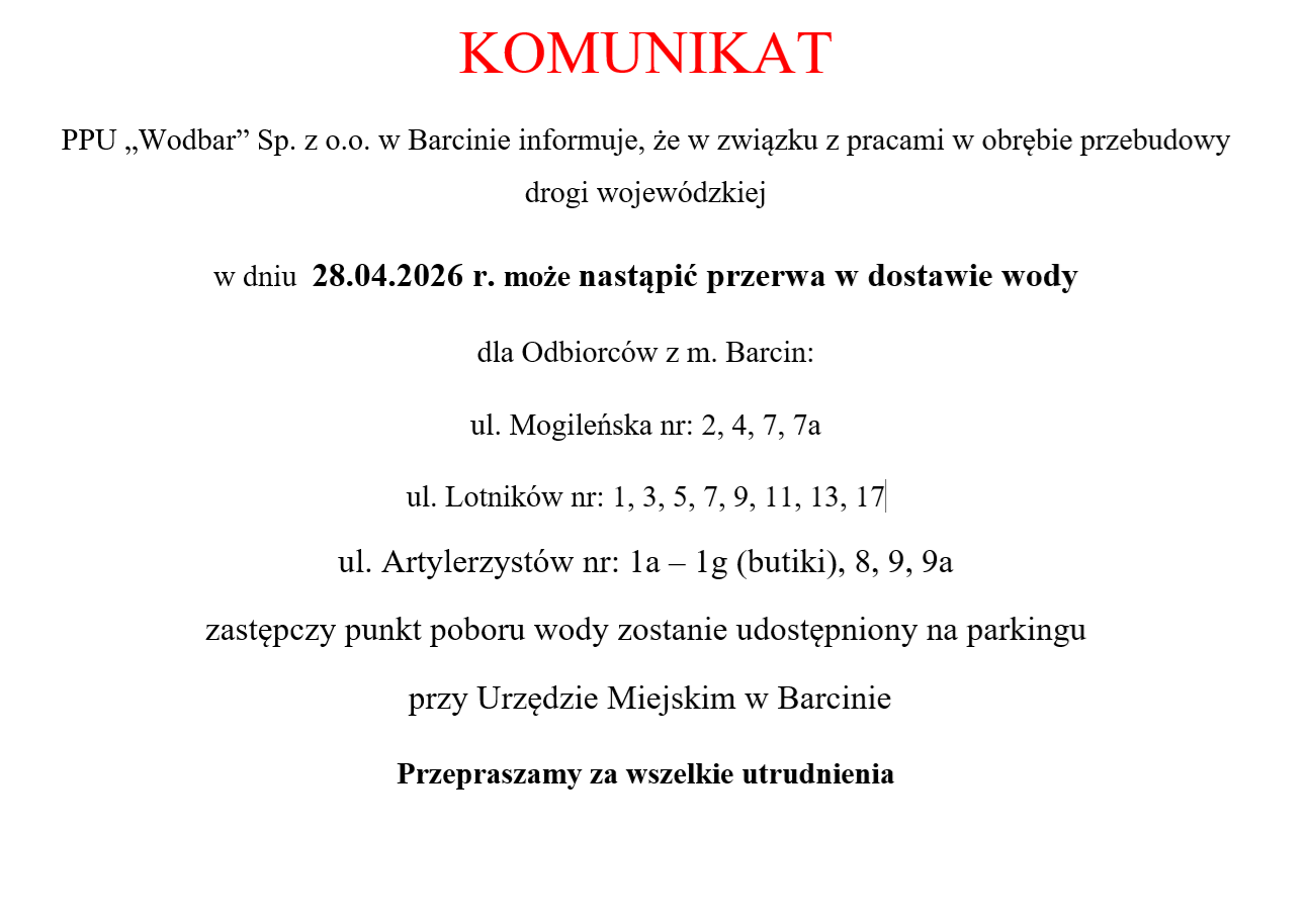 Zdjęcie: Komunikat - brak wody w dniu 28.04.2026 r. w m. Barcin (ul. Mogileńska, ul. Lotników, ul. Artylerzystów)