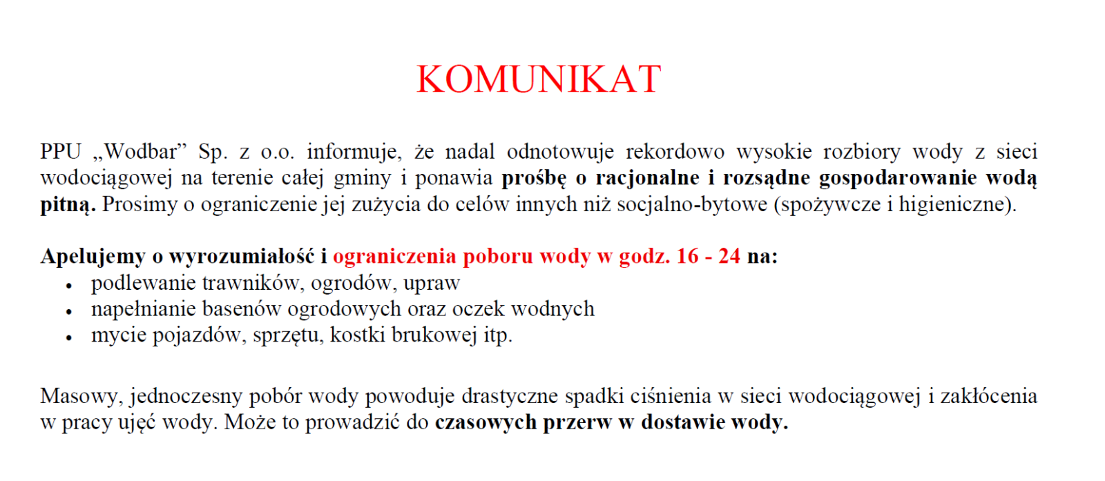 Zdjęcie: Apel o ograniczania poboru wody i komunikat ws możliwych przerwach w dostawie wody