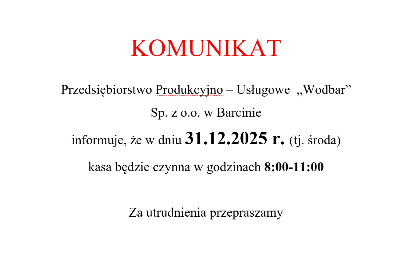 Zdjęcie: Komunikat - godziny pracy kasy w dniu 31.12.2025 r.