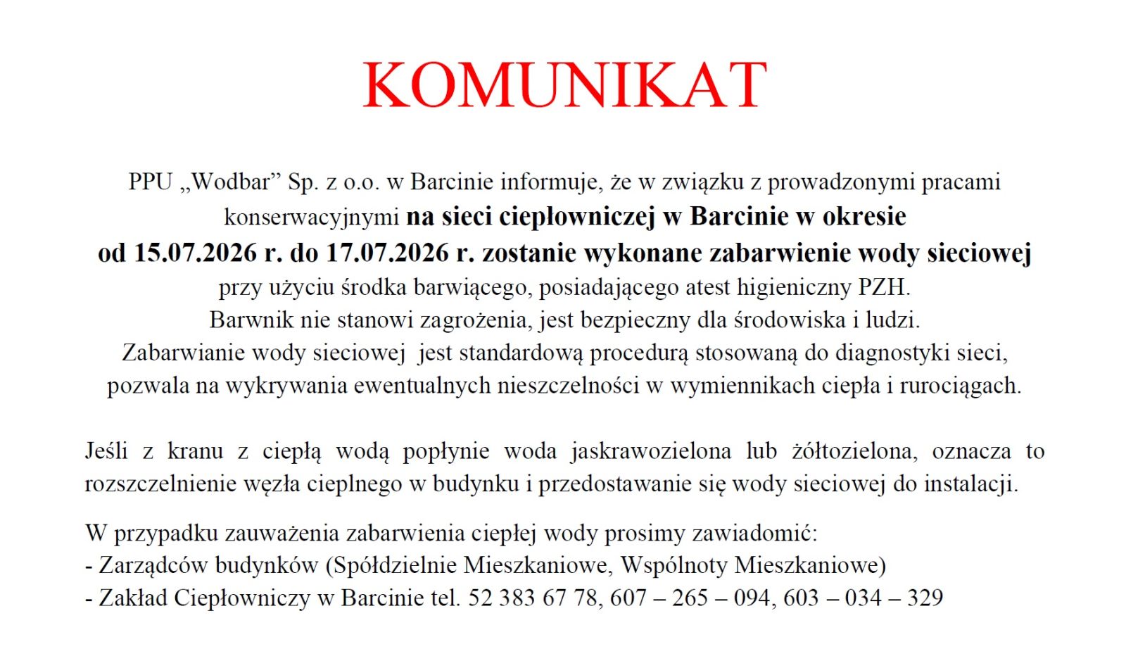 Zdjęcie: Komunikat - Barwienie wody w sieci ciepłowniczej w Barcinie w okresie 15.07 - 17.07.2026