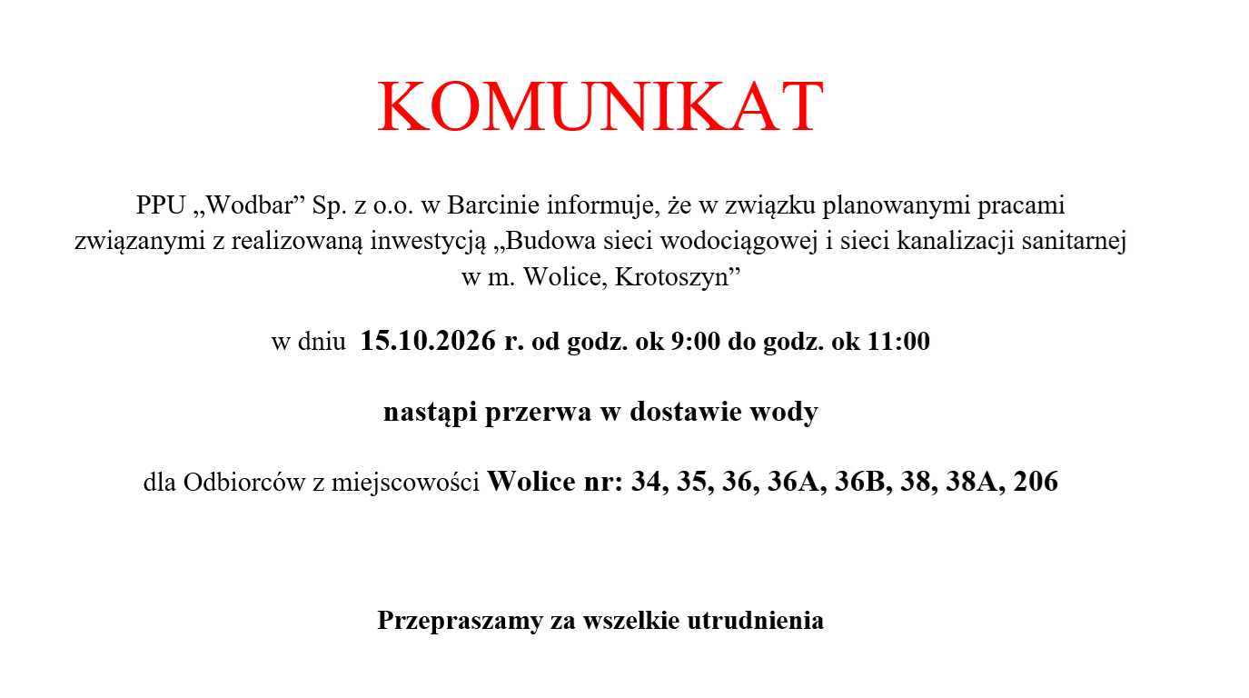 Zdjęcie: Komunikat - przerwa w dostawie wody w dniu 15.10.2026 r. w m. Wolice