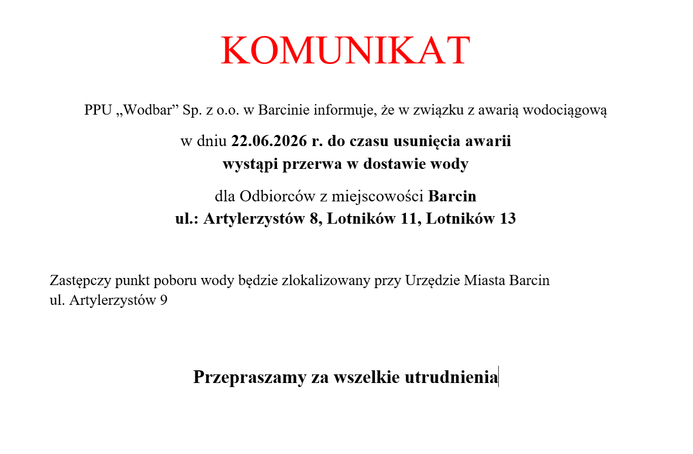 Zdjęcie: Komunikat - awaria wodociągowa w m. Barcin