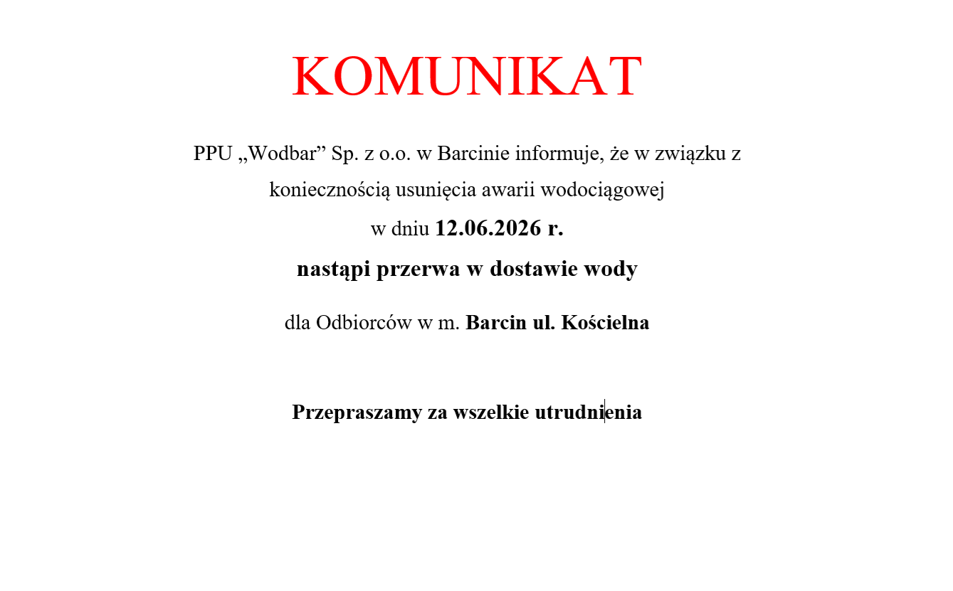 Zdjęcie: Komunikat - awaria wodociągowa w m. Barcin ul. Kościelna