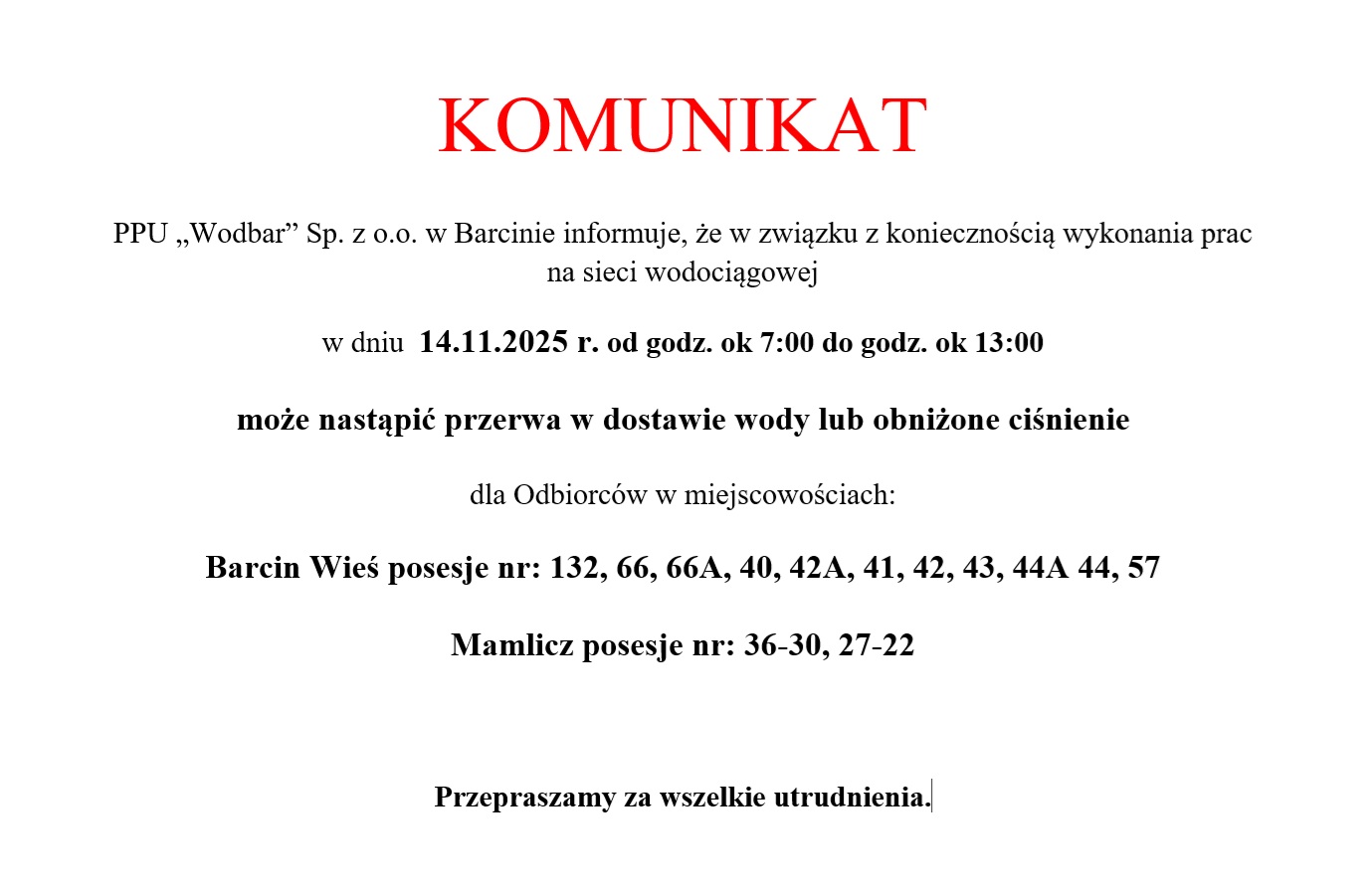 Zdjęcie: Komunikat - przerwa w dostawie wody lub obniżone ciśnienie 14.11.2025 r. w m. Barcin Wieś, Mamlicz