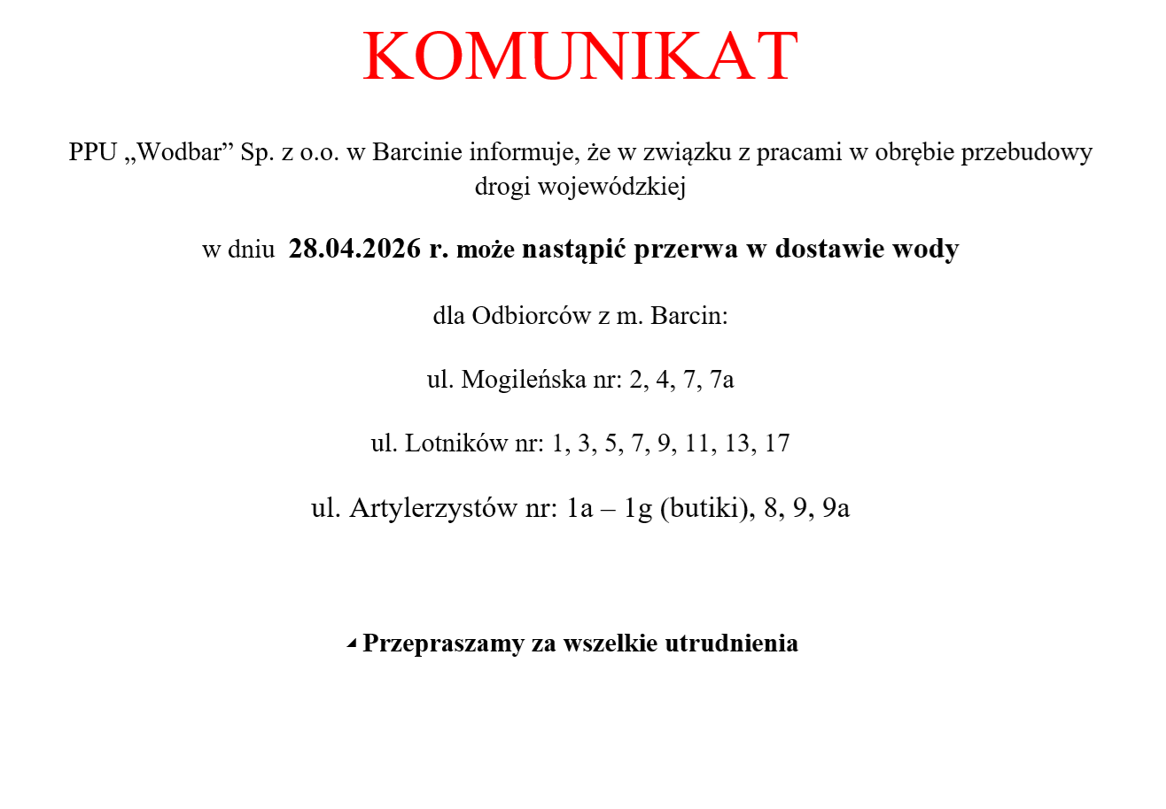 Zdjęcie: Komunikat - brak wody w dniu 28.04.2026 r. w m. Barcin (ul. Mogileńska, ul. Lotników, ul. Artylerzystów)