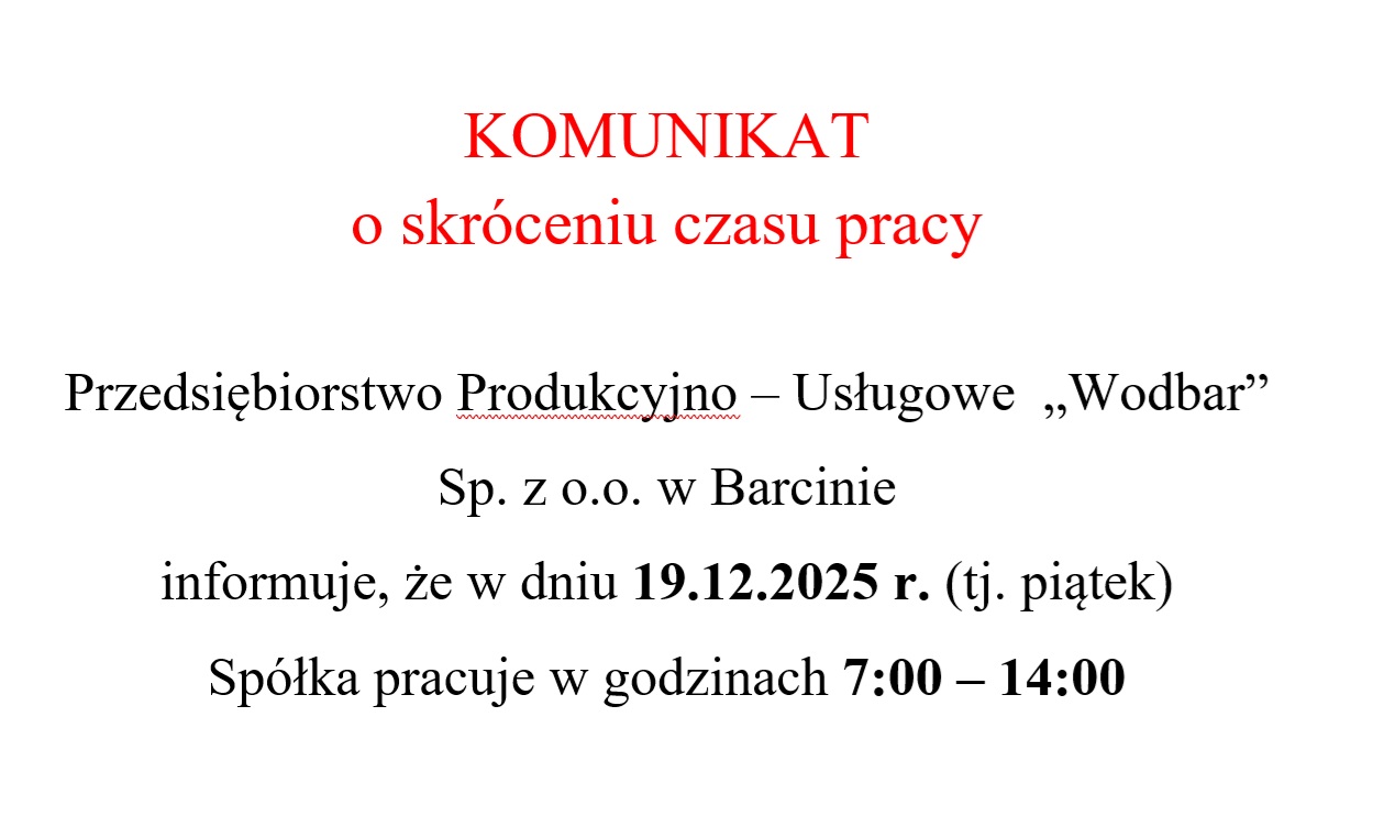 Zdjęcie: Informacja o skróceniu czasu pracy w dniu 19.12.2025 r.