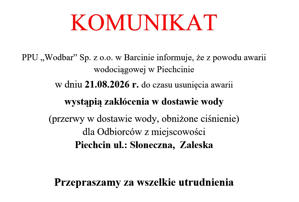 Zdjęcie: Przerwa w dostawie wody: Piechcin ul. Zaleska, Słoneczna
