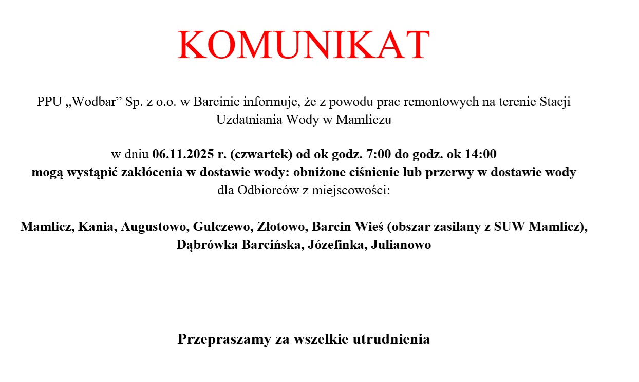 Zdjęcie: Komunikat - zakłócenia w dostawie wody w dniu 06.11.2025 r. - prace remontowe SUW Mamlicz