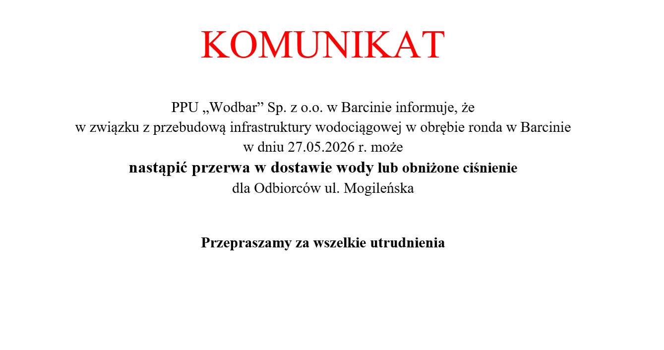 Zdjęcie: Komunikat - przerwa w dostawie wody lub obniżone ciśnienie w dniu 27.05.2026 r.