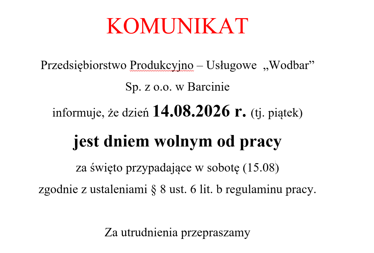 Zdjęcie: Komunikat - dzień wolny od pracy (14.08.2026r.)